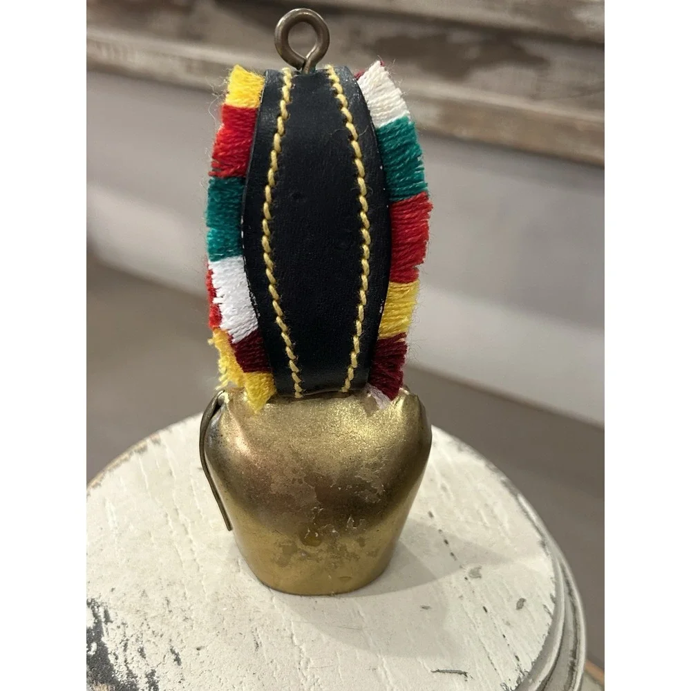 Vintage European Metal Cowbell With‎ Leather Strap, Colorful Fringe